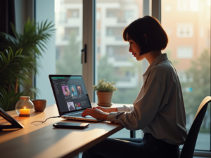 A young professional woman at a modern home office desk engaged with a subscription platform on her laptop, lit by natural daylight.