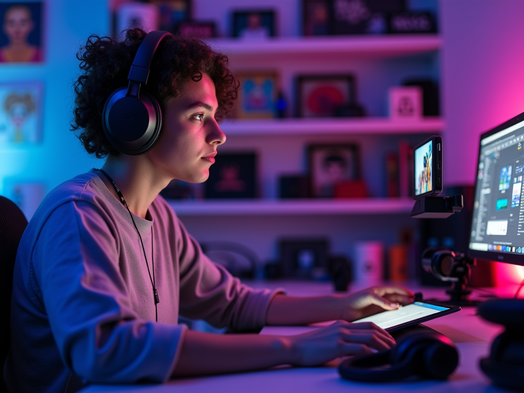 A horizontal photograph showing a digital artist or influencer recording content at home. The subject is sitting at a desk with vibrant, colorful lighting (purple and blue tones), surrounded by creative tools such as a tablet, headphones, and a smartphone mounted on a tripod. The background includes a blurred shelf filled with merchandise and personal touches, like fan-made artwork, creating an atmosphere of connection with their online community.
