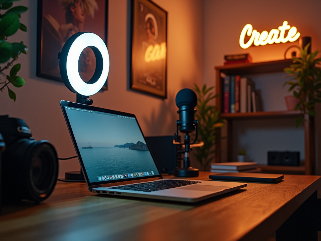 A horizontal photograph capturing a creative workspace of a modern content creator, featuring a sleek laptop, professional camera, ring light, and a microphone on a wooden desk. In the background, there’s a cozy, softly lit room with artistic posters on the wall, shelves with books and plants, and a subtle hint of an LED sign that reads "Create." The setting is warm and inviting, embodying the independence and passion of a creator.