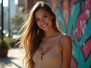 A young woman posing confidently in an urban setting with a vibrant street art mural in the background, illuminated by natural light.