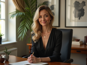 A confident woman named Mrs. Honey in an elegant home office, wearing a stylish outfit and surrounded by tasteful decor, illuminated by soft natural light.
