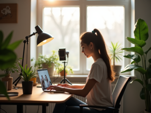 A young woman creating content at a modern workspace, with a laptop, microphone, and plants, illuminated by soft natural light.
