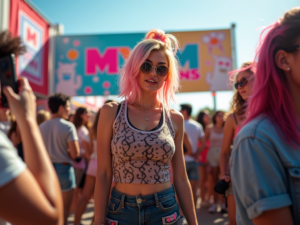 A lively promotional event for MYM Fans featuring a confident young woman in edgy clothing posing in front of a MYM Fans banner, surrounded by an engaged crowd.