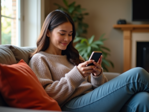 A young woman sitting on a couch using a smartphone to browse the OFTV application in a well-lit living room.