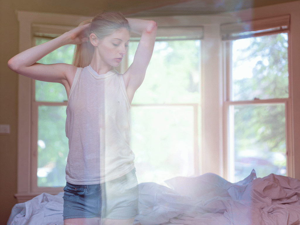 A young European woman with light blonde hair, captured mid-movement while adjusting a tank top, natural expression, unaware of the camera. She stands near a bed with crumpled sheets in a small, sunlit room. The photo feels unposed, with soft window light casting real-life shadows and details across the scene.