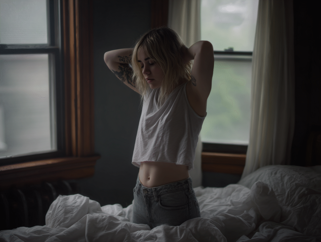 A young European woman with light blonde hair, captured mid-movement while adjusting a tank top, natural expression, unaware of the camera. She stands near a bed with crumpled sheets in a small, sunlit room. The photo feels unposed, with soft window light casting real-life shadows and details across the scene