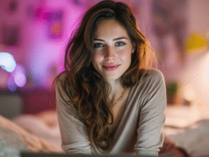 atural smiling Caucasian woman wearing daily clothes, seated on a bed in a modern minimal bedroom, looking curiously into the screen of her computer, with Stripchat opened, evening, soft ambient LED lighting in pink and purple tones, warm skin tones, blurred background with subtle tech and decor elements