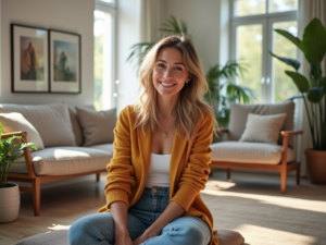 Julia Guzik, a Polish influencer, smiling in a modern living room filled with natural light and stylish decor.