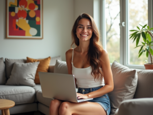 Klaudusiek, a young woman with long brown hair, smiling while sitting in a modern living room, engaged in a video call with fans.
