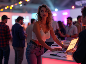 A lively ManyVids event with a female content creator at her booth, engaging with attendees in a well-lit indoor venue.