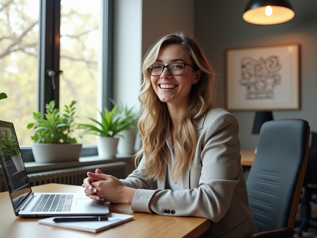 A confident female content creator engaged in a video call at a stylish desk in a modern office, with natural light illuminating the space.
