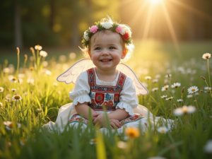 A joyful little Polish angel in traditional folk costume surrounded by a vibrant meadow and soft sunlight filtering through trees.